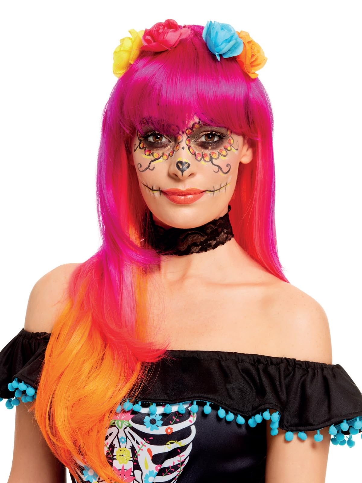 Smiffys Deluxe Day of the Dead Wig, Pink & Orange with Flowers, Mexican Day of The Dead/Sugar Fancy Dress, Adult Dress Up Wigs