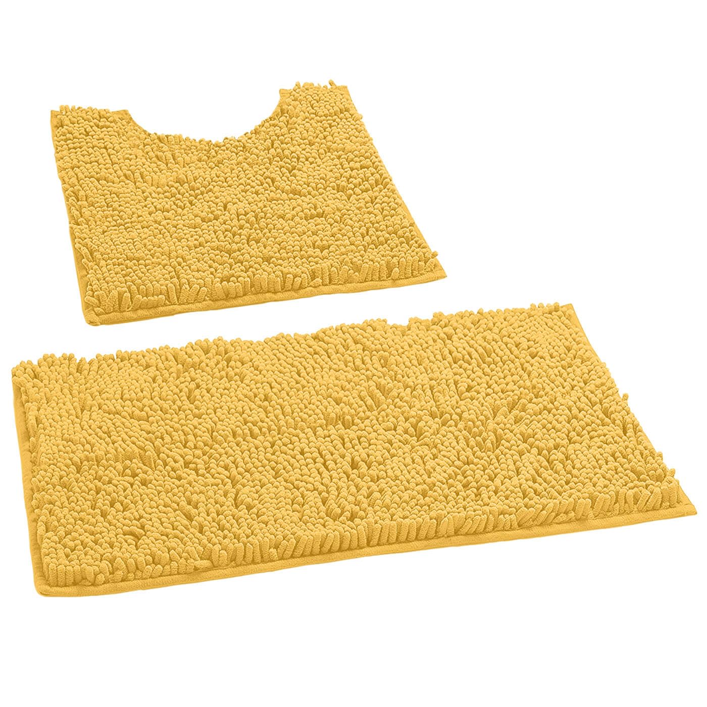 LuxUrux Bath Mat, Luxury Chenille (2-Piece) Bath Mat Set, Soft Plush Anti-Slip Bath Rug + Toilet Mat.1'' Microfiber Shaggy Carpet, Super Absorbent (Curved Set Small, yellow)