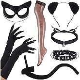 Maiteenly 7 Pack Black Cat Costume Accessories Claw Gloves Cat Mask Ears Headband Tail Collar Choker Necklace Stockings for Women Halloween Cosplay Party