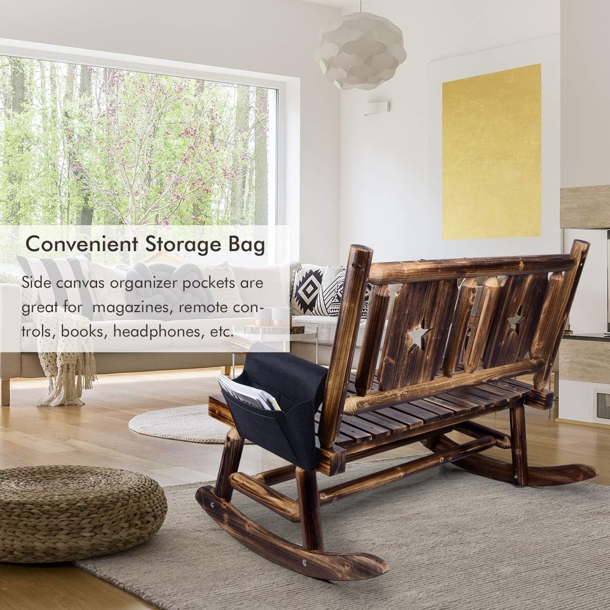 Outdoor Rocking Chair (Double) - Porch Rustic Rocker with Armrest Storage Bag - Brown: Kitchen & Dining