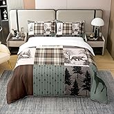 Lodge Cabin 100% Cotton Duvet Cover King Size Cartoon Bear Deer Wild Animal Bedding Set for Kids Teens Adults Retro Green Brown Plaid Rustic Farmhouse Comforter Cover with 2 Pillowcases(No Comforter)