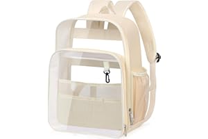 KETIEE Clear Backpack Heavy Duty, Stadium Approved Clear Bag Leather with Trolley Sleeve, Large Waterproof Transparent Backpack for Adults Work Travel Sports Concerts (Beige)