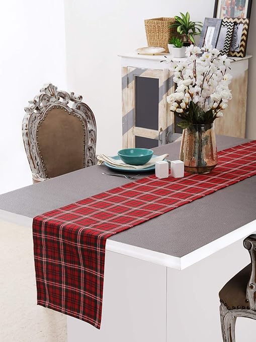 Cotton Table Runner 13 X 90 Inch Double Side Fused Red Green Plaid Perfect For Thanks Giving Christmas All Seasons And Holidays