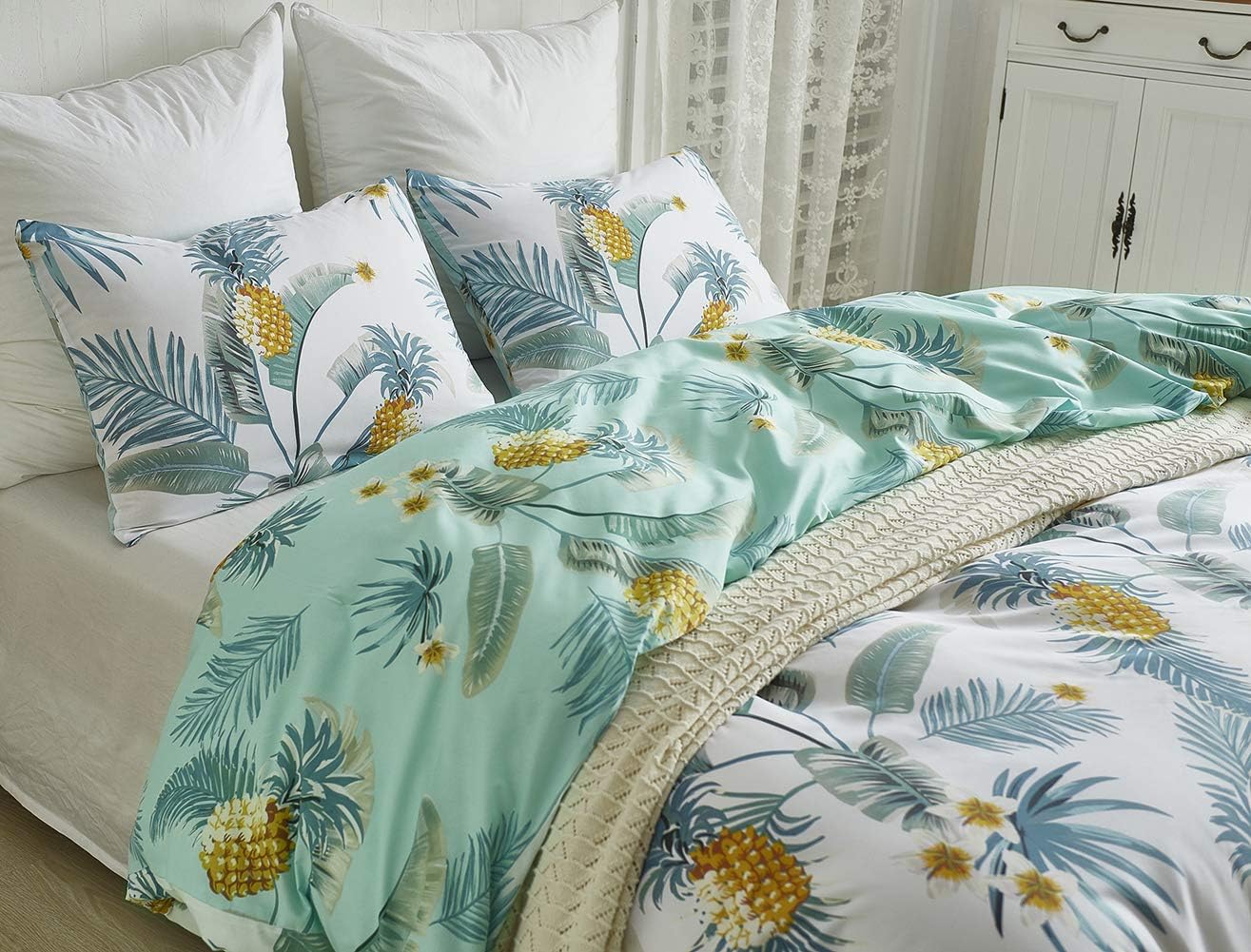 Omela Tropical Double Duvet Cover Set 3 Pcs Yellow Pineapple & Palm Leaves Print Blue Botanical Bedding Set with Zipper Closure