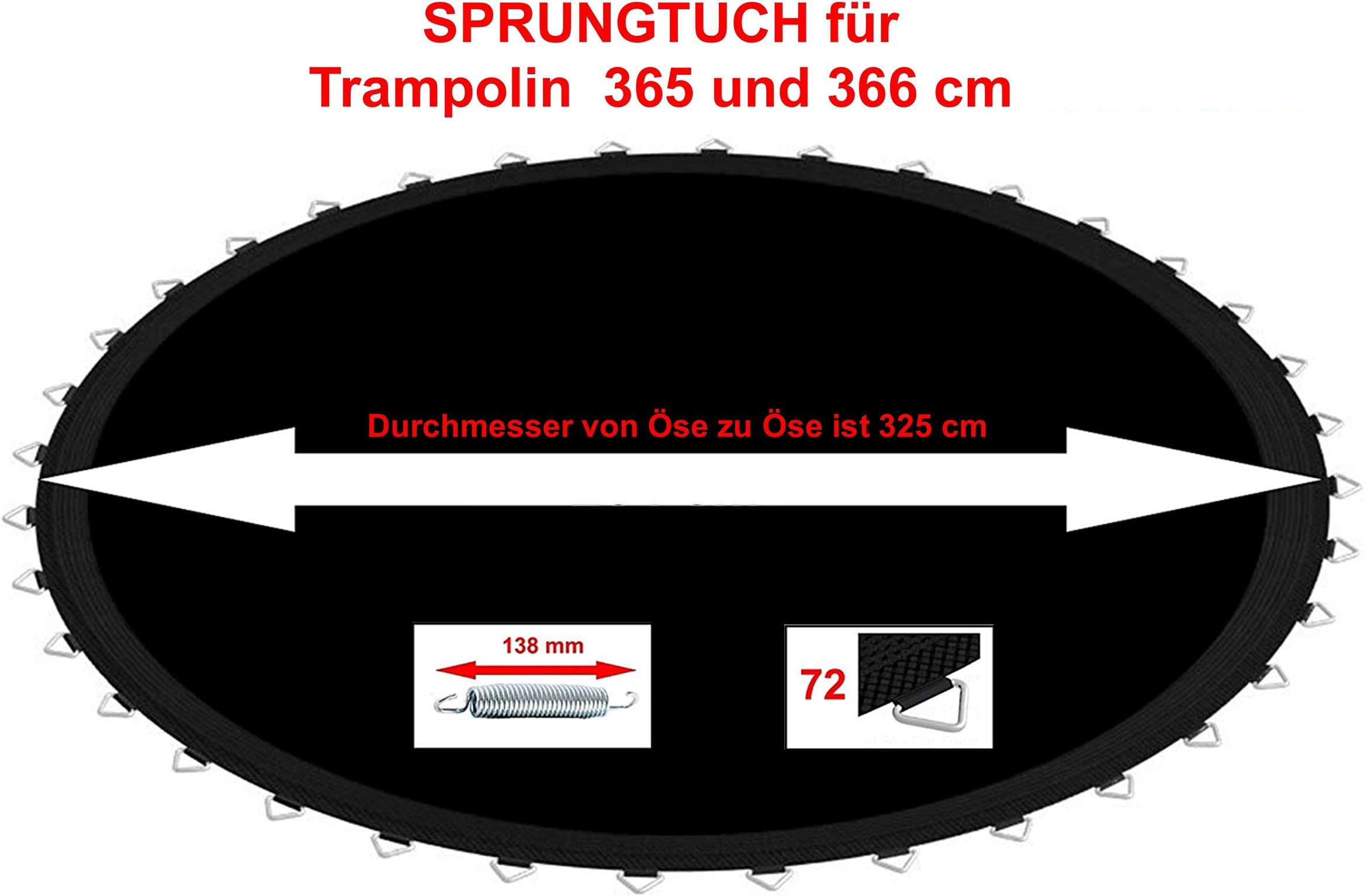 Sprunguch for Universal 72 V-Rings (Ösen) Trampoline 12ft Ø 365 cm for many brands Net Webbing PP Mesh Weatherproof Boots Feathers 13 13.8 cm Maximum Load 180 kg, Jumping Mat Garden Trampoline – Kids Trampoline, IZZY Sports RCEE