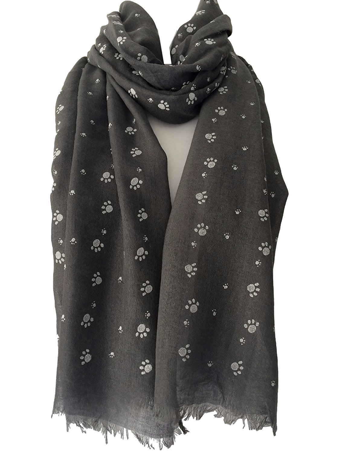 LilyRosa Women's Paw Print Pattern, Ladies Cotton Blend Cats Dogs Paws Scarf, Dog Cat Scarf (Grey & White Paws)