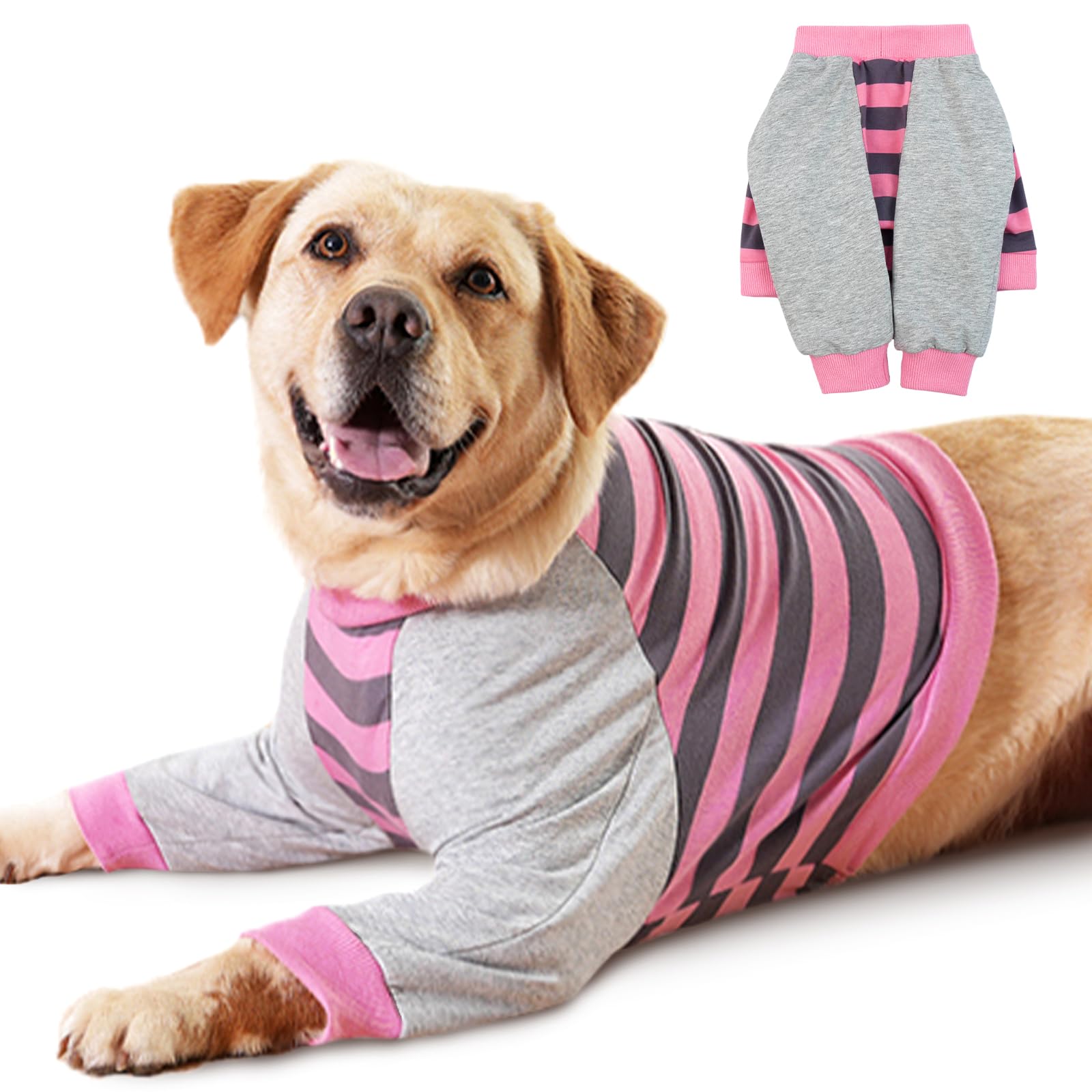 Photo 1 of FUAMEY Dog Recovery Sleeve with Elbow Protector,Dogs Shirt Stop Licking Joints,Pet Long Sleeve Suit Protecting Dog's Front Leg Arm Wounds Cover Skin Conditions Pink Stripes 2XL