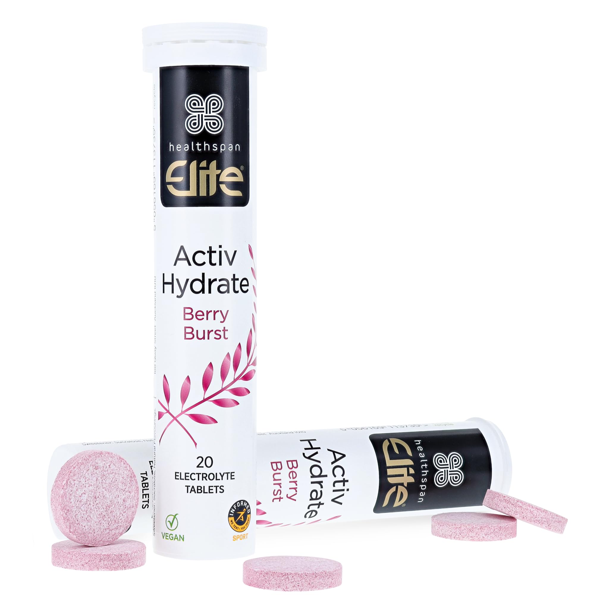 Healthspan Elite Electrolyte Tablets (40 Tablets) | Berry Burst Flavour | Activ Hydrate | Replenish Electrolytes - Sodium, Calcium, Potassium & Magnesium | All Blacks Partner
