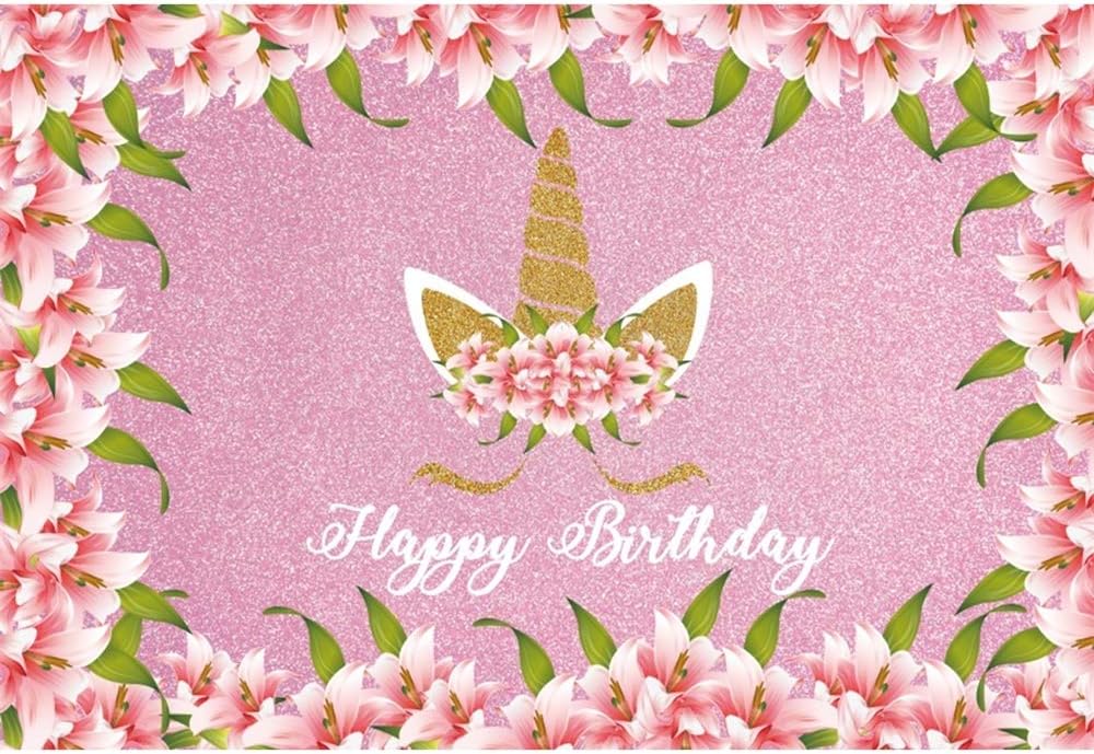 DORCEV Happy Birthday Photography Backdrop Unicorn Theme Girls Birthday Party Background Shiny Gold Unicorn Lily Flower Girls Party Cake Table Banner Girls Photo Studio Props