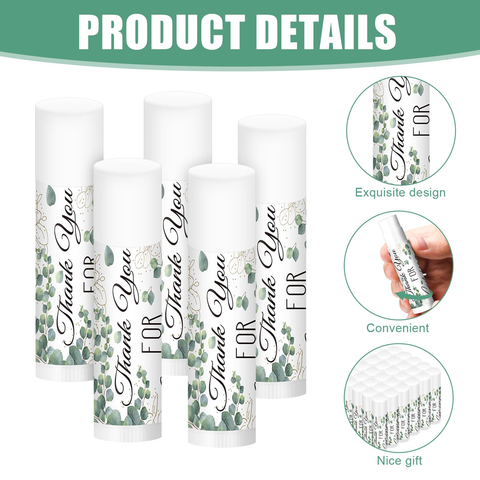 50 Set Bulk Thank You Combo Gifts Include Lip Balms Appreciation Ballpoint Pen Thank You Card Organza Drawstring Gift Bag Pouch for Wedding Parties Baby Shower Favors, Eucalyptus Leaves Style