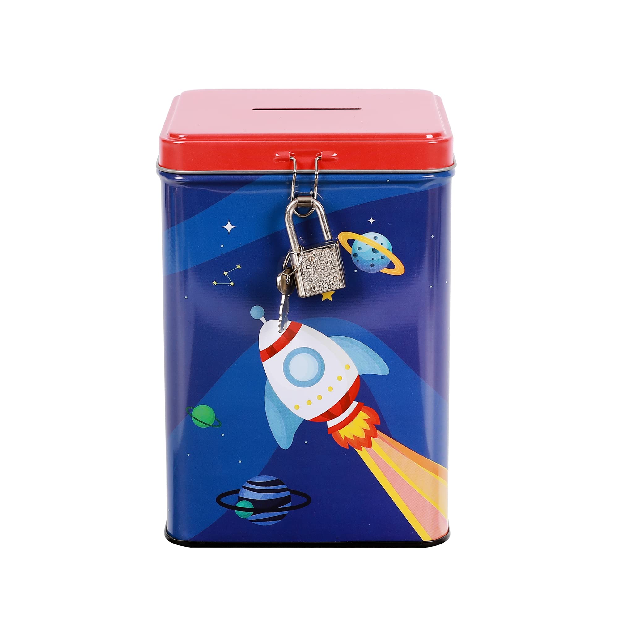 I-TOTAL® - Fun MONEY BANK with padlock and keys/Metal Money Bank with closure (SPACE ADVENTURE)