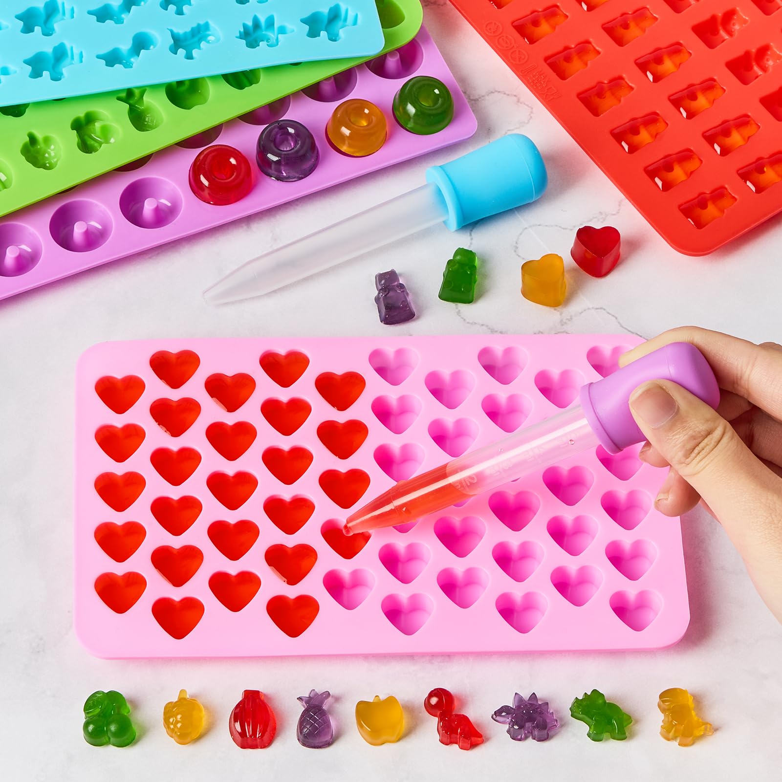 5 Pcs Mini Gummy Candy Molds with 2 Dropper, Silicone Bear Donut Dinosaur Fruit Snack Molds Non-stick and BPA Free Jello Candy Mold for Small Chocolate Gummies