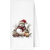 LRWHDFW Vintage Christmas Santa Snowman Kitchen Towels, Farmhouse Xmas Festival Decorative Hand Tea Towels for Bathroom, Winter Xmas Snowman Pine Cone Dish Towel Drying Cloth, 16x24 Inches