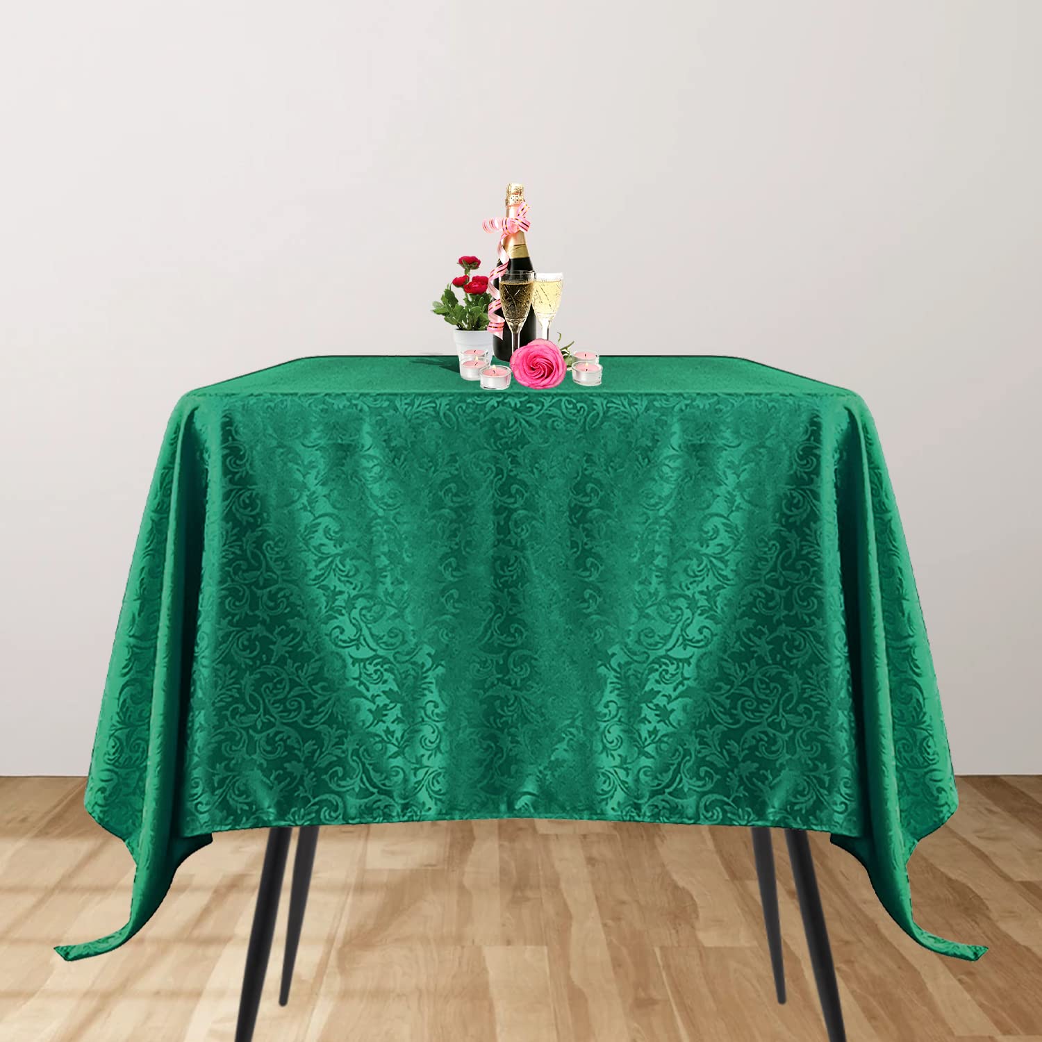 Trimming Shop 90" x 90" Square Damask Table Cloth Scrolled Leaves Pattern, Soft Washable Green Dinner Table Cover for Banquet, Christmas Party, Xmas, Home, Kitchen, Restaurant, Wedding, 1pc