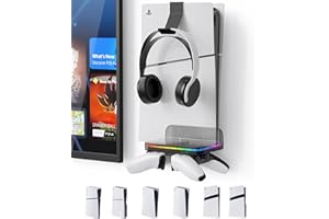 LUCKIT PS5 Wall Mount for All PS5 Models with RGB Light, PS5 Shelf Compatible with All PlayStation 5 Models Including Original, Slim and Pro – Stores Two Controllers & One Headphone Accessories