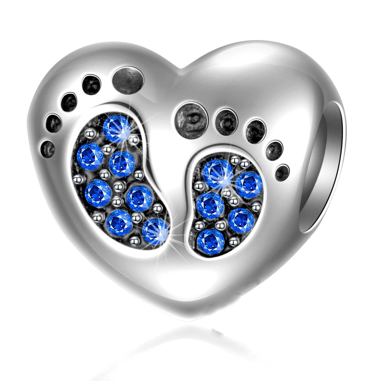 Baby Footprint Heart Charms - September Birthstone Crystals-Boy First Step Feet Beads, Fit Pandora Mothers Day Bracelet, Gift For Mum/Son Birthday/Grandson — image 1
