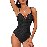 Hilor Women's Underwire One Piece Swimsuit Ruched Tummy Control Bathing Suits Push Up Twist Front Swimwear Monokini