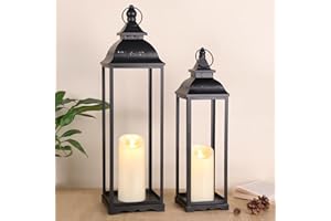 HAVITI 2 Pack Large Lanterns Decorative Indoor, Black Farmhouse Outdoor Lantern for Porch, Tall 22'' 17'' Lantern Decor (no Glass) with 2PCS Flameless Candles for Wedding Home Table Front Door