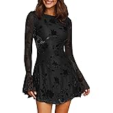 GOKATOSAU Women's Long Sleeve Mesh Velvet Floral Round Neck Fit and Flare Bodycon Mini Dress