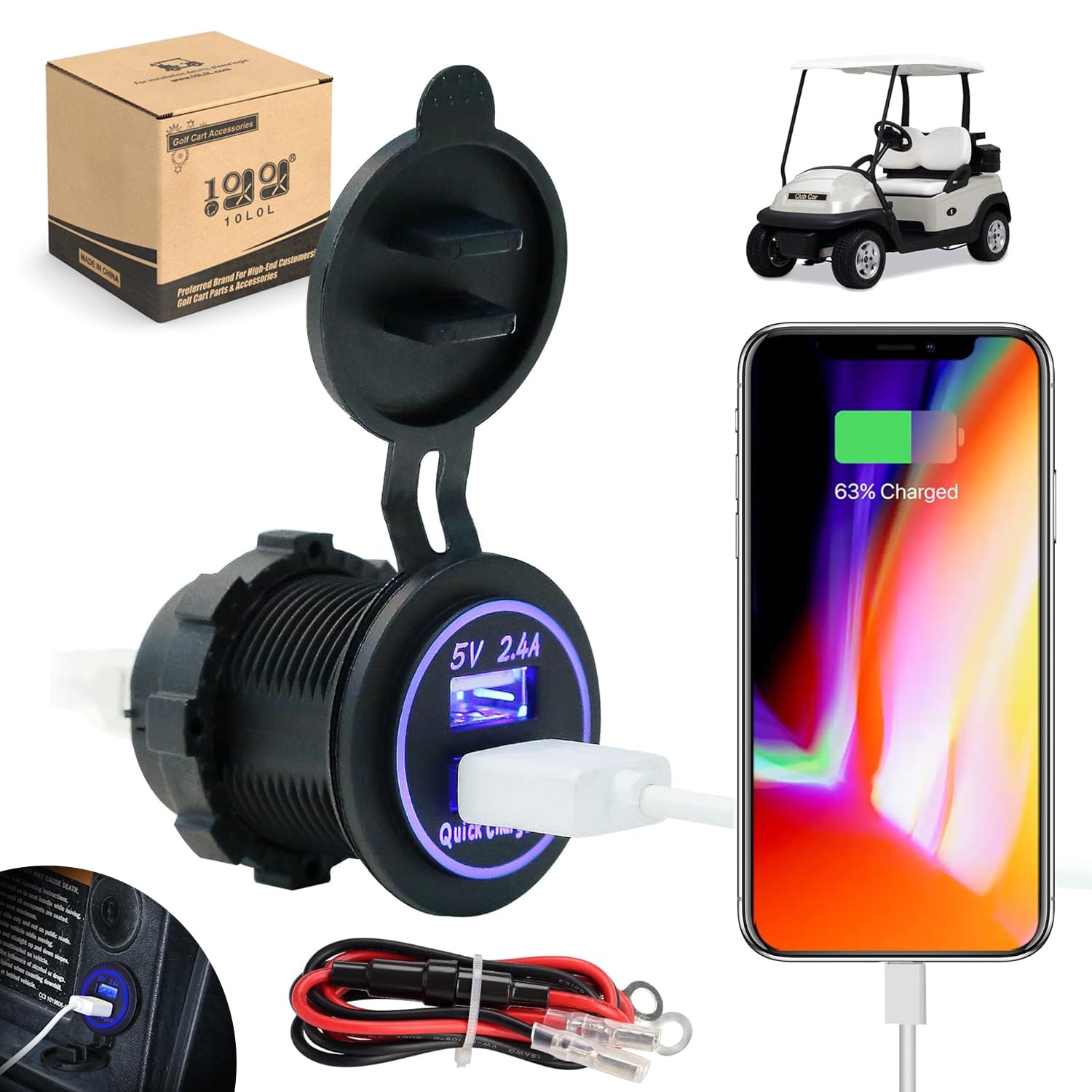Photo 1 of 10L0L Golf Cart Dual USB Charger/USB Port/Quick Charge 3.0 USB Outlet Universal fit EZGO Club Car and Yamaha, Also fit Motorcycle,ATV,Boat etc.12V-24V Input
