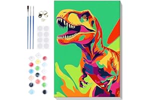 Bowetile Framed Cartoon Paint by Numbers for Kids Beginners, Dinosaur Paint by Numbers for Kids Ages 8-12, Kids Paint by Number Kits on Canvas, DIY Acrylic Number Painting for Home Decor, 8x12in