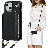 KIHUWEY Crossbody Wallet Case for iPhone 13 iPhone 14, Zipper Pocket Case with Card Holder, PU Leather RFID Blocking Protective Cover Case with Kickstand Detachable Wrist Strap Lanyard 6.1" (Black)