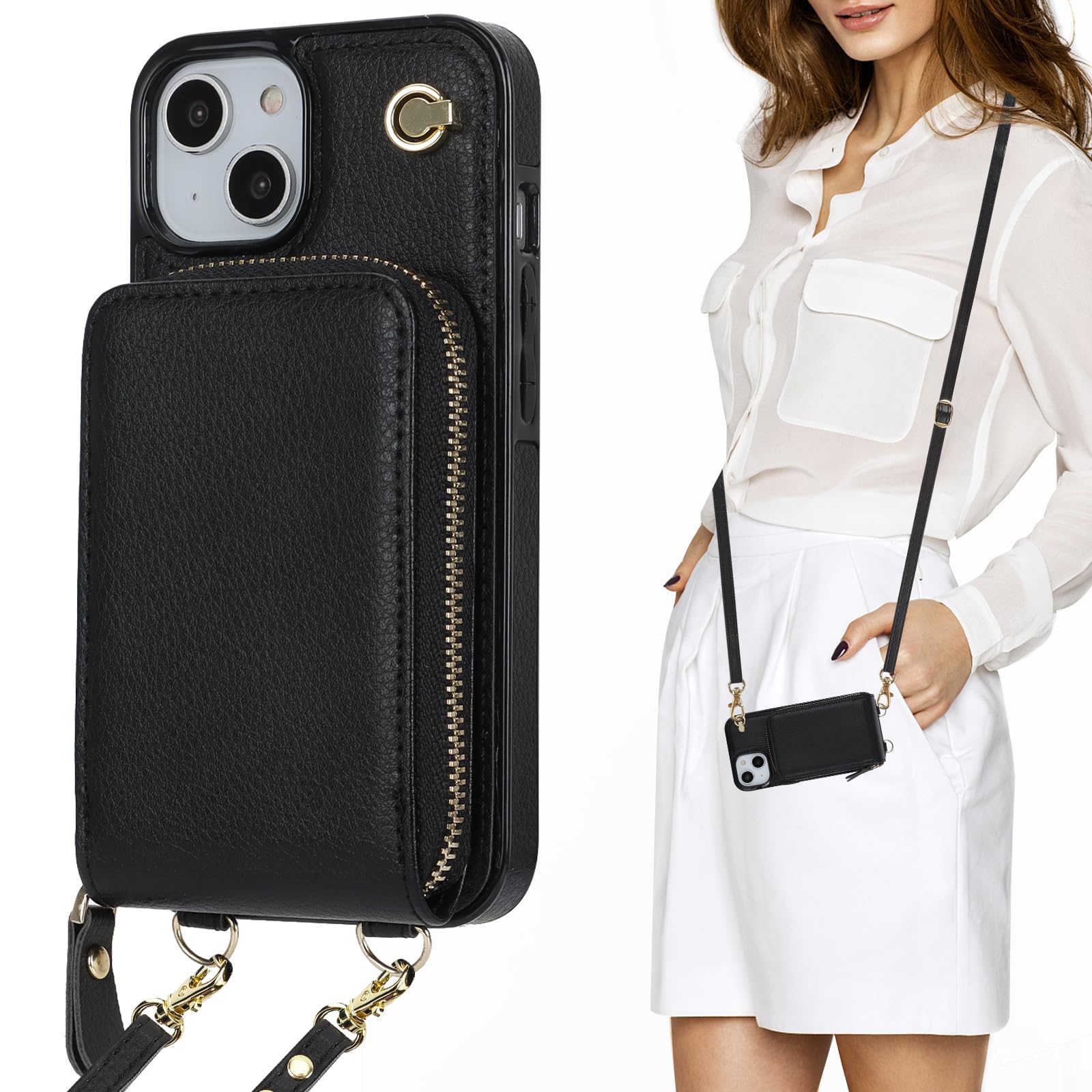 Photo 1 of KIHUWEY Crossbody Wallet Case for iPhone 13 iPhone 14, Zipper Pocket Case with Card Holder, PU Leather RFID Blocking Protective Cover Case with Kickstand Detachable Wrist Strap Lanyard 6.1" (Black)