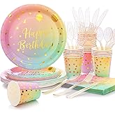 175PCS Pastel Birthday Decorations,Birthday Plates and Napkins Party Supplies,Disposable Rainbow Birthday Plates,Pastel Paper Plates for Girl Women Birthday Party Decorations,Serves 25 Guests