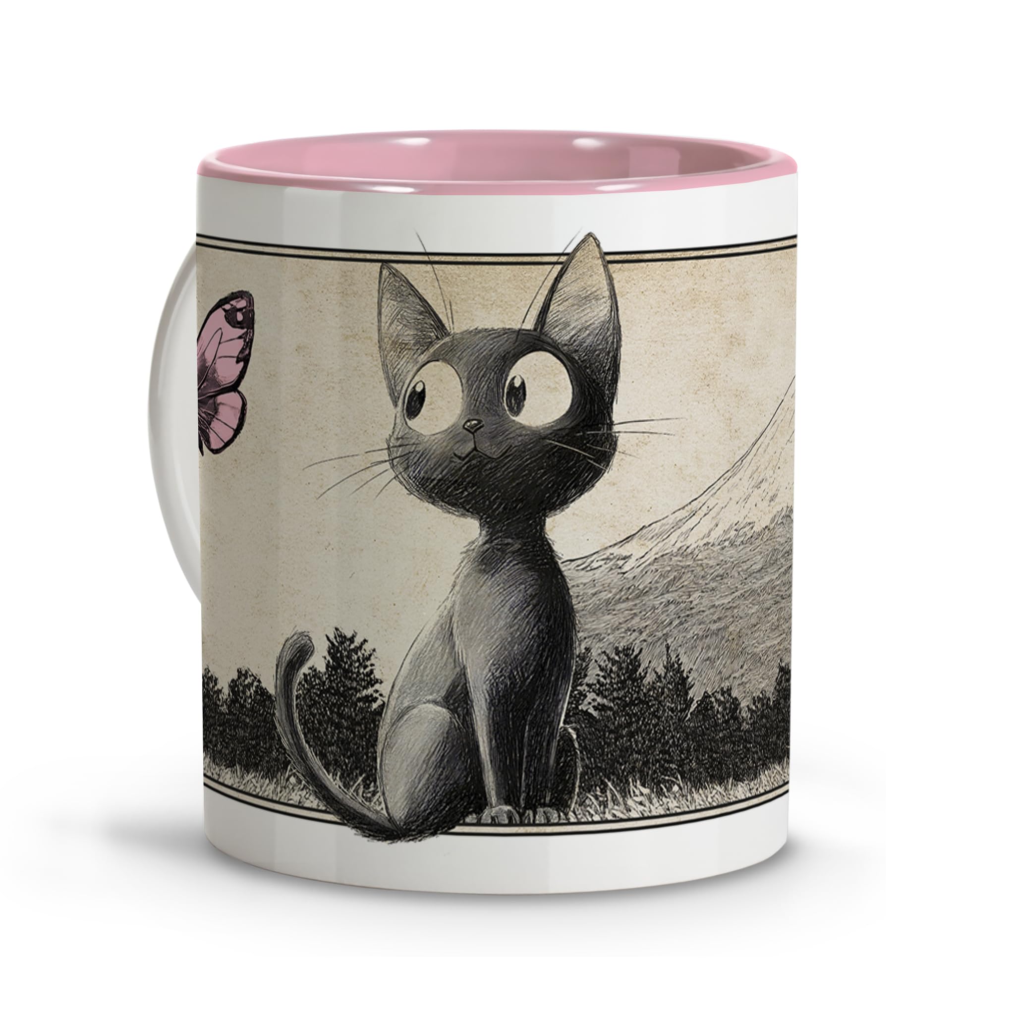 Mug with Cat Design Anime Style Original Mugs for Gifting Geek Gifts Women Gifts for Cat Lovers Chavenas Autumn Mug Jiji Cat Canecas engraçadas Funny Mug Pink