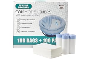 SEASIDE BROTHER Commode Liners with Absorbent Pads, FSA/HSA Eligible 100 Bedside Commode Liners and 100 Commode Pads, Portable Toilet Liners, Disposable Commode Bags Universal Fit All Standard Toilet Chair Bucket