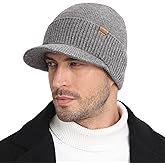 Wmcaps Mens Winter Beanie with Brim - Fleece Lined Thermal Knit Visor Hat for Cold Weather