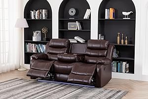 MODCART Home Theater Seating Seats, Sectional Recliner PU Leather Sofa Sets with USB Charger and Ambient Light, Home Theater Seating Manual Recliner Sofa w/Center Console & Cupholders