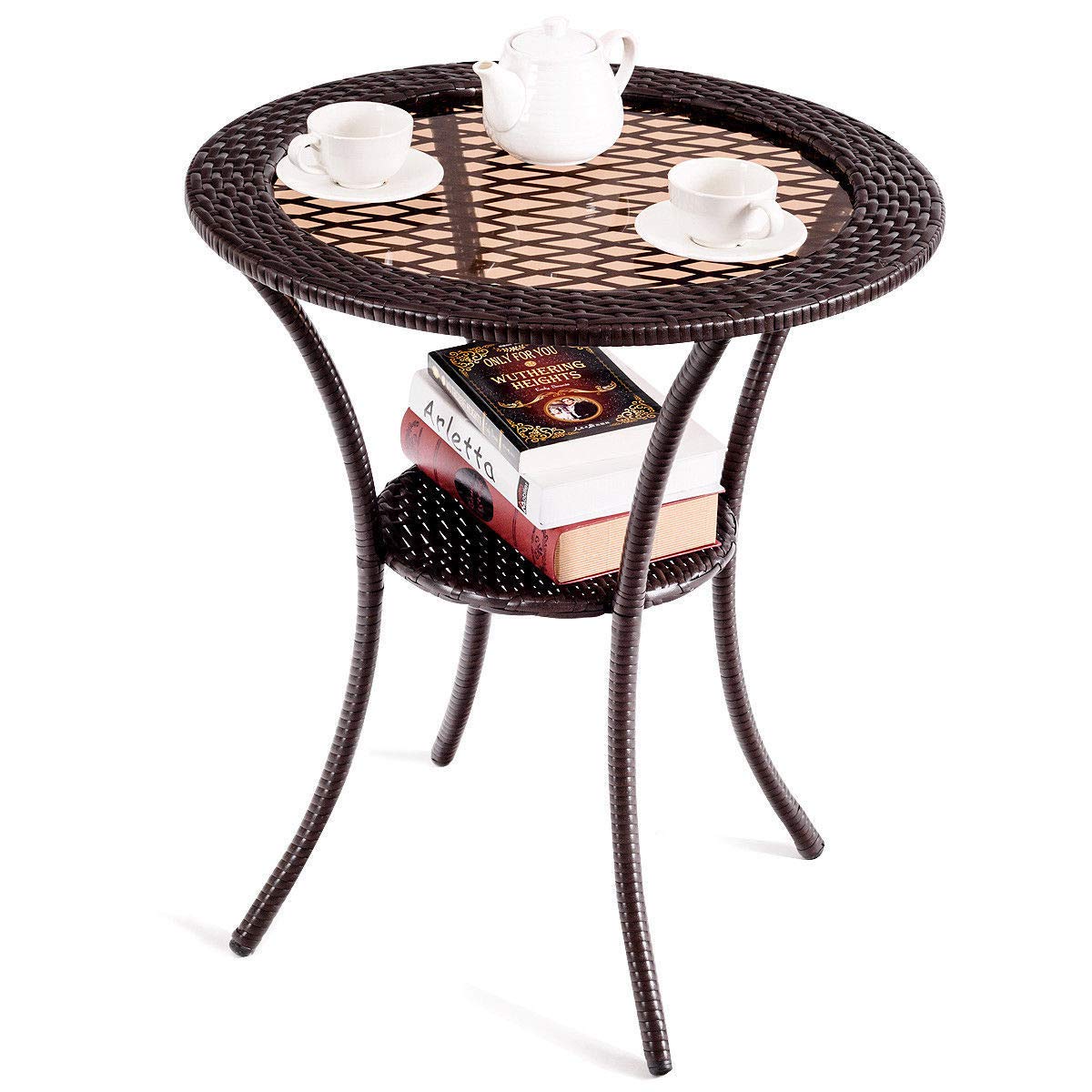 Giantex Round Rattan Wicker Coffee Table Glass Top Steel Frame Patio Furni W Lower Shelf Round Coffee Tables