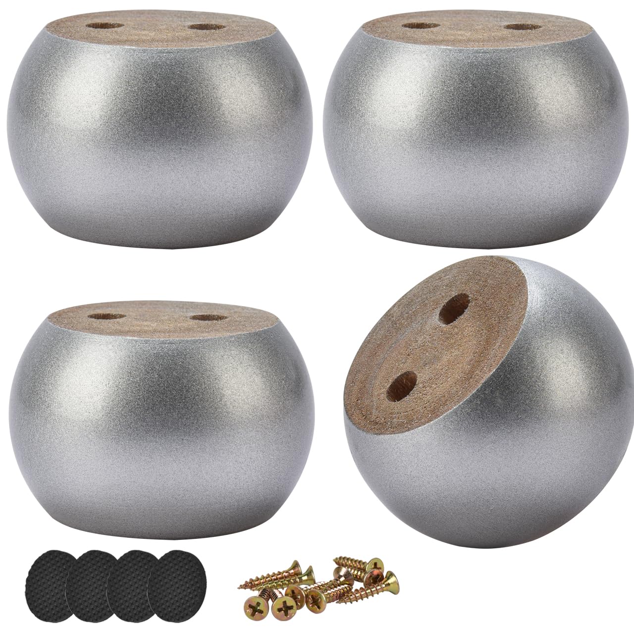 Btowin VCF 2 Inch / 5cm Solid Wood Furniture Legs, 4Pcs Sliver Modern Round Bun Feet Wooden DIY Replacement Feet with Screws for Chair Sofa Couch Cabinet Dresser TV Stand
