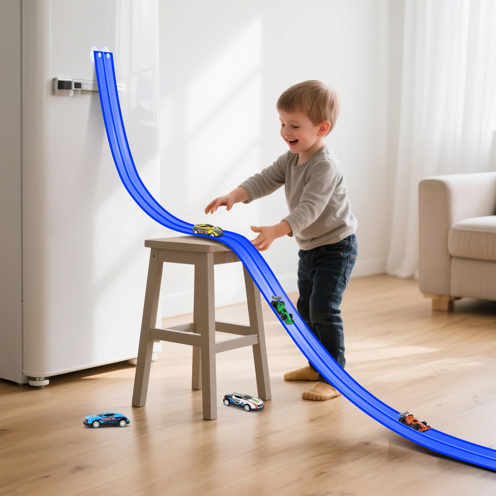 KETIEE Flex Tracks 16Ft for Kids: Flexible Race Car Ramp Track with 4 Small Racecars and 8 Suction Cups Compatible with Diecast 1/64th Cars, Rolls Up Portable Racetrack for Ages 3 & Up