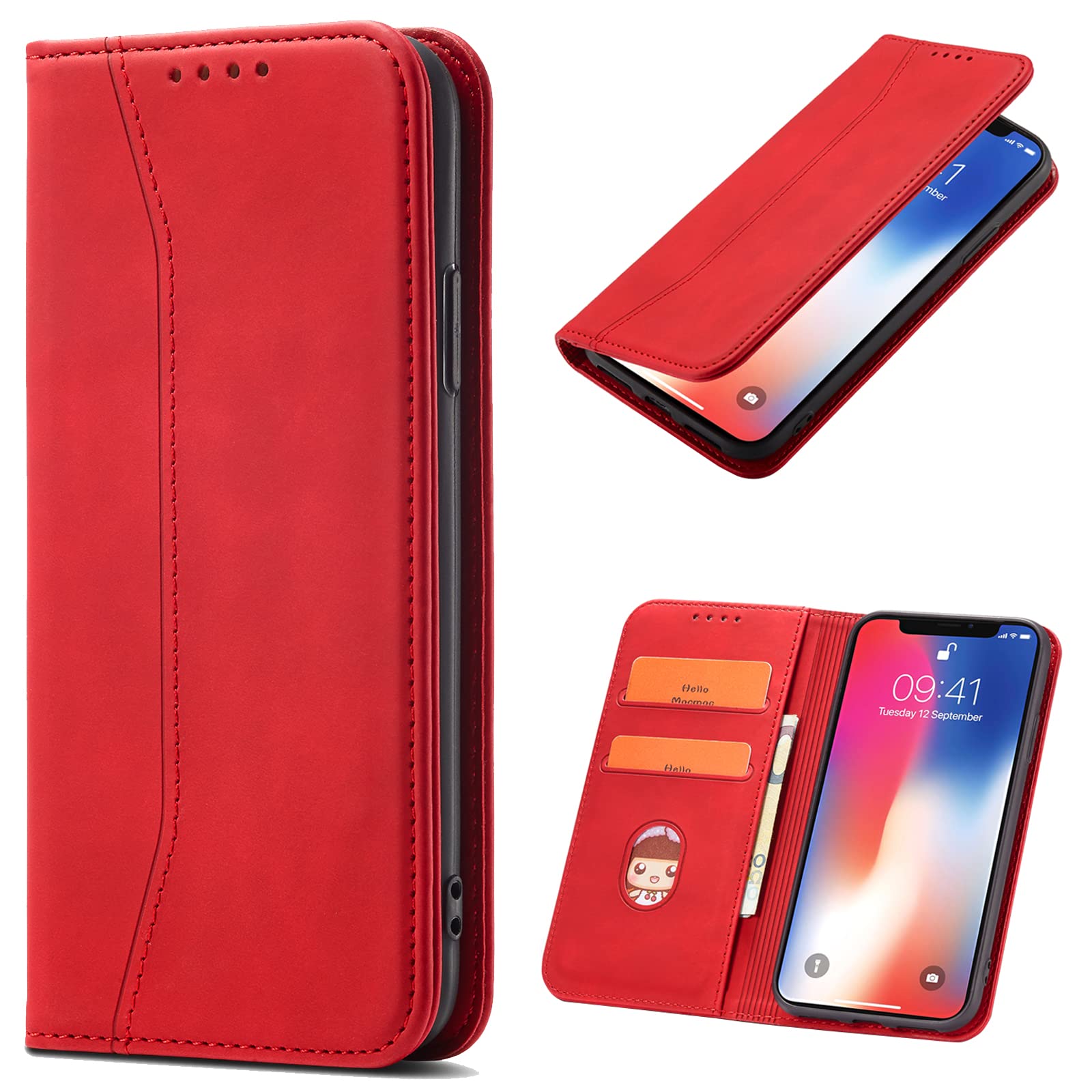 OKZone Compatible with OPPO Reno 8 5G Case, Magnetic Leather Mobile Phone Case for OPPO Reno 8 5G, Premium Leather Flip Foldable Card Slots Shockproof Stand Function (Red)