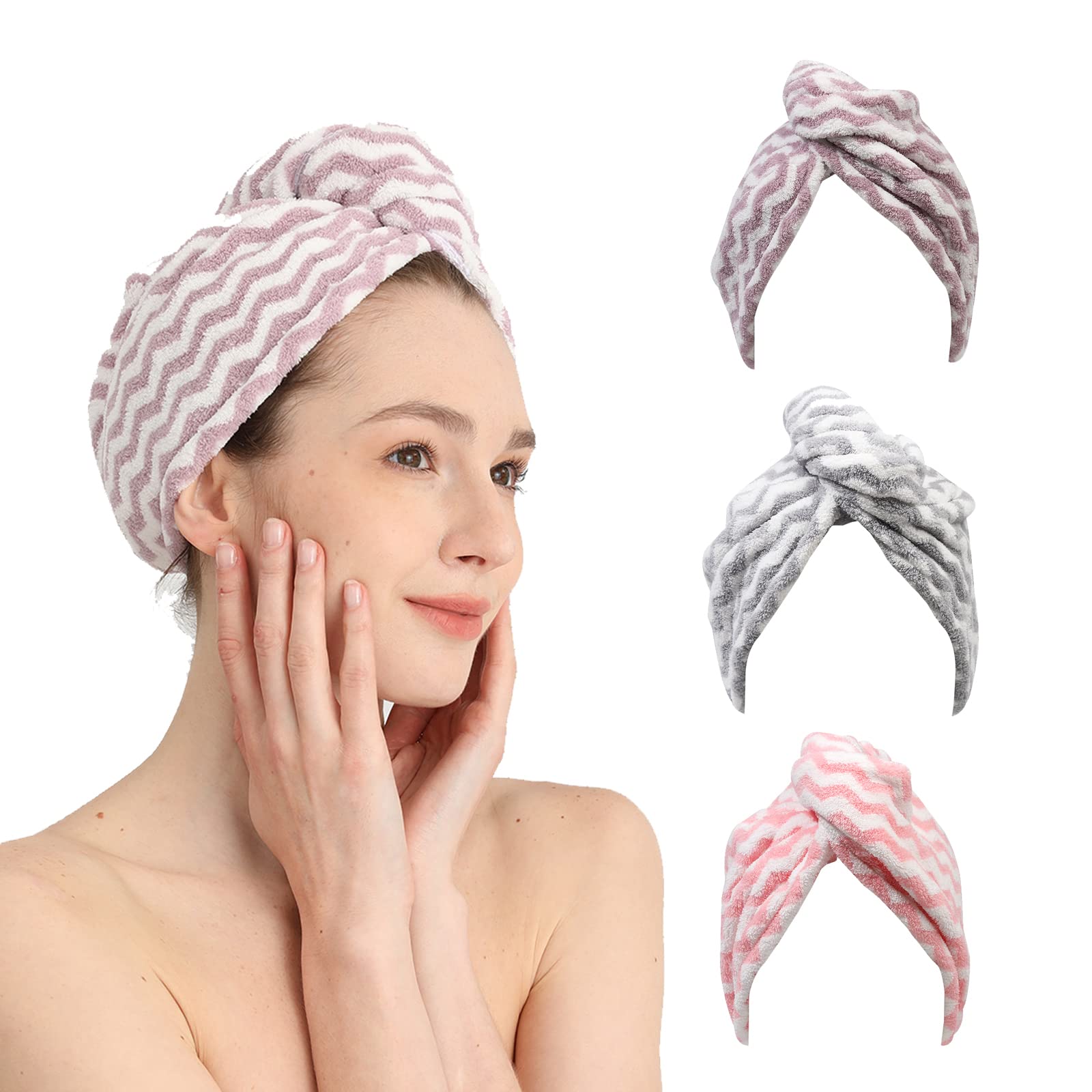 Good Nite 3 Pack Microfibre Hair Towel Wrap Super Absorbent Quick Drying Hair Turban Towels with Buttons Microfibre Towels for Women Girl Long Curly Wet Hair (Pink|Purple|Gray)