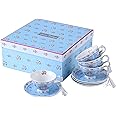 London Boutique Coffee Tea Cup and Saucer Set 4 Shabby Chic Vintage Porcelain Bird Butterfly Flora Gift Box 7.5OZ (Rose Blue)