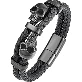 Raymard Mens Skull Double Row Leather Bracelet, Black or Silver Skull Braided Bracelet for Men, Mens Punk Jewelry