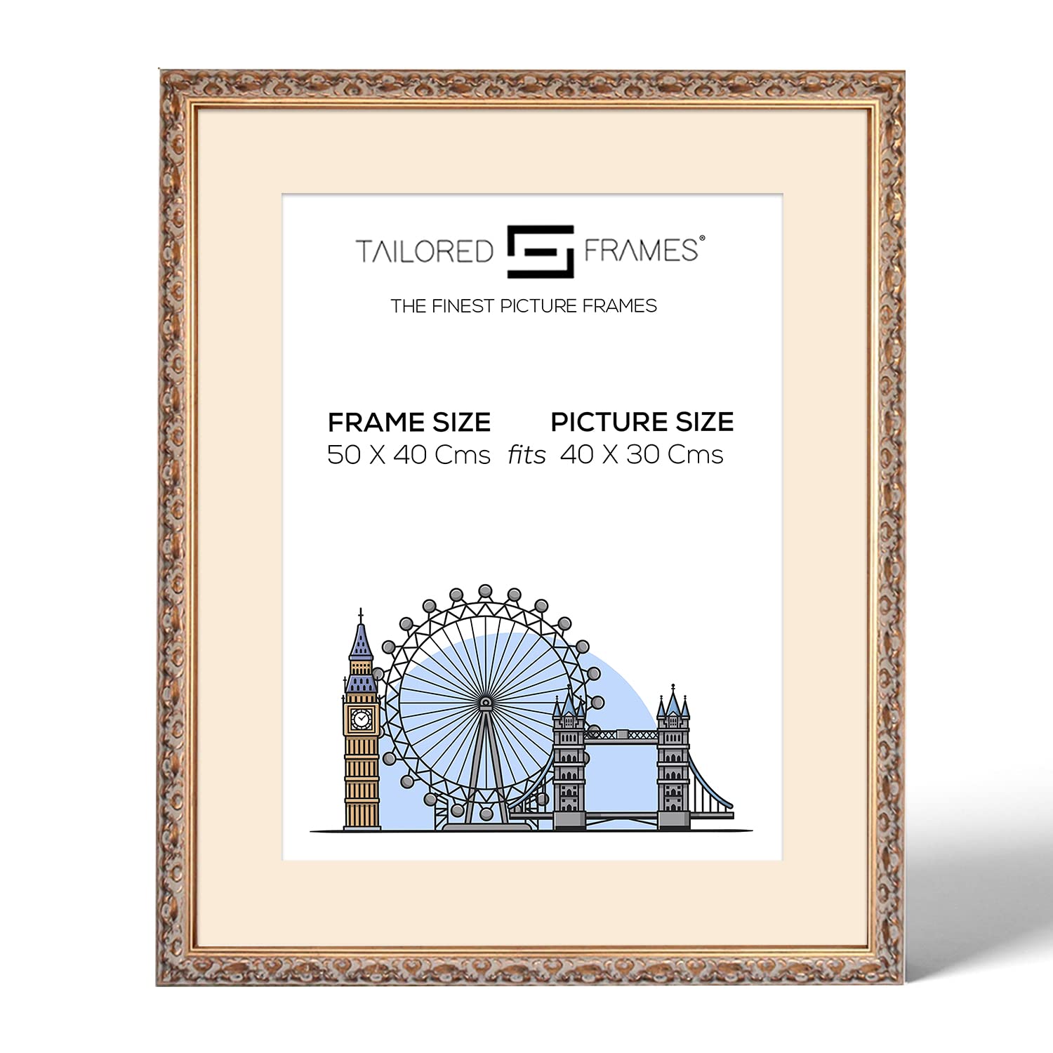 Tailored Frames Vienna Gold 50 x 40 Cm Frame for 40 x 30 Cm Picture | Rustic Style Vintage Single Picture Frame | Wall Hanging Type | Photo Frame with Antique White Mount