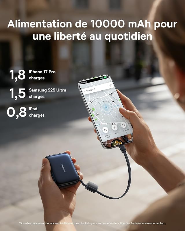 AC22 Mini Powerbank 10000mAh, 45W PD Power Bank Compacte avec Câble USB-C Intégré, Batterie Externe de Poche pour iPhone 17/16/15 Pro Max, Samsung S26/S25 Ultra, iPad, Pixel 10/9