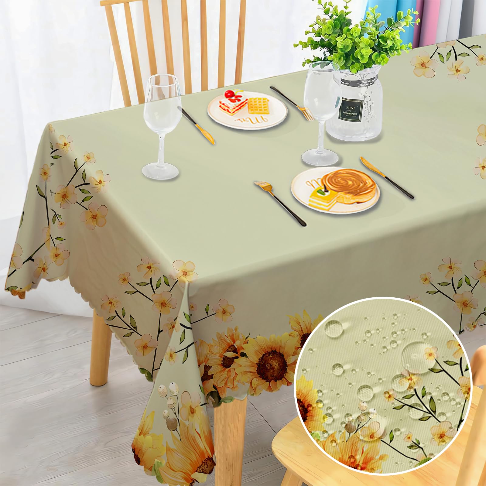 Rectangular Tablecloth Wipe Clean, Wipeable Waterproof Sunflower Polyester Tablecloths, Table Cloth Wrinkle Resistant Table Cover for Home Dinner Kitchen Party Picnic Outdoor 140x180cm