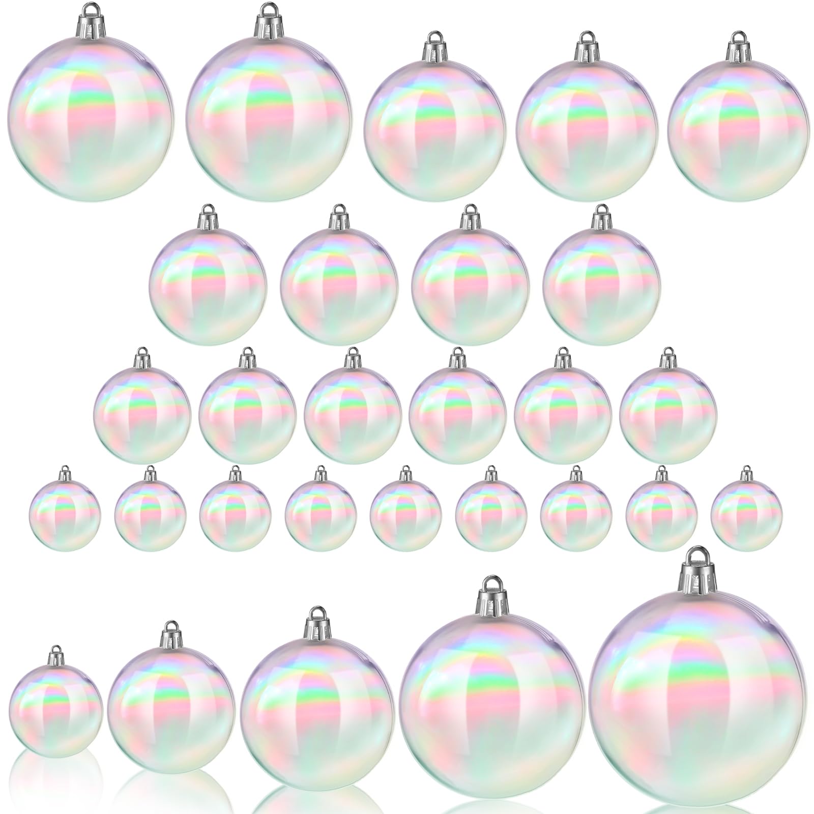 Photo 1 of Shappy 24 Pcs Christmas Iridescent Ornaments Halloween, Transparent DIY Shatterproof Hanging Rainbow Ball Christmas Ornament 5 Different Sizes for Party, Wedding, Home Decor (Clear)