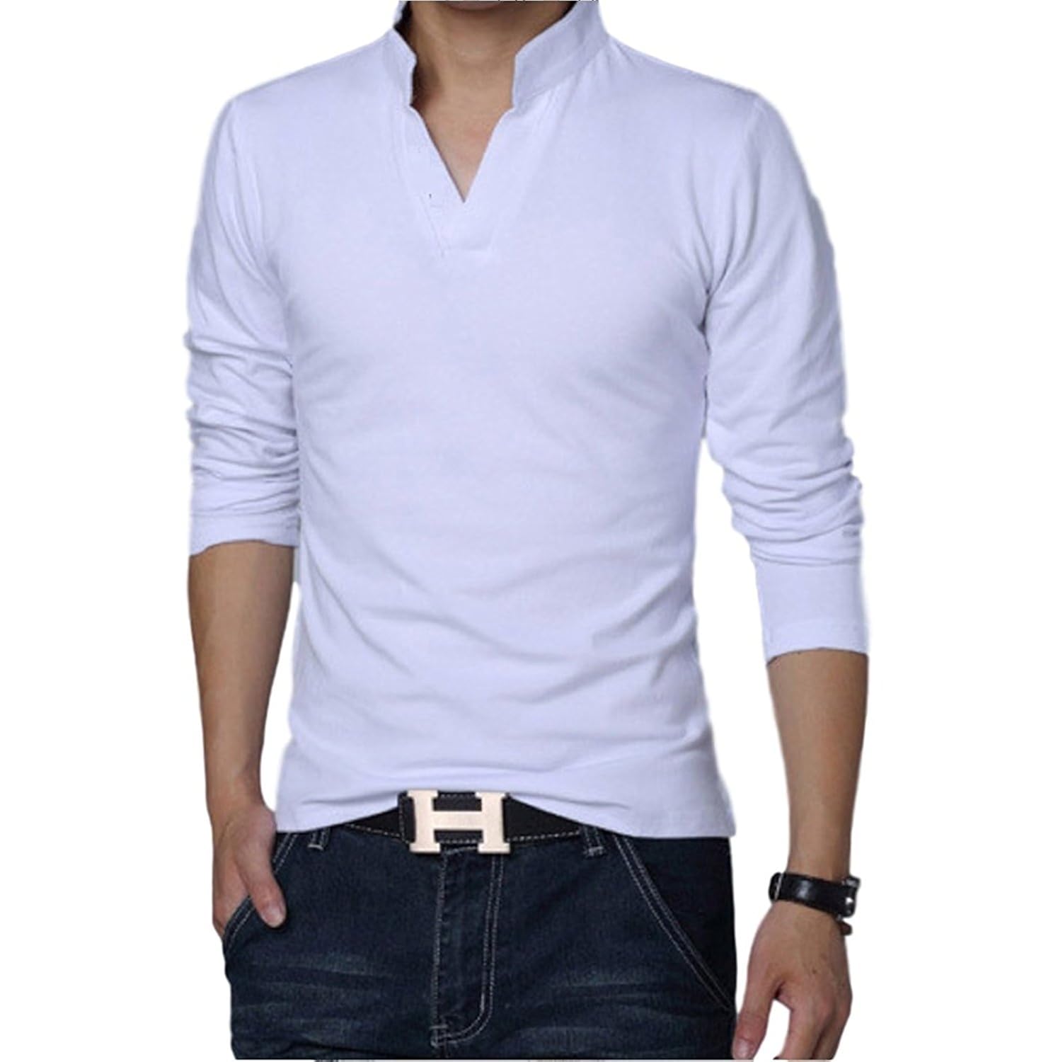 lionroar men's cotton long sleeve chinese collar polo neck t-shirt for men