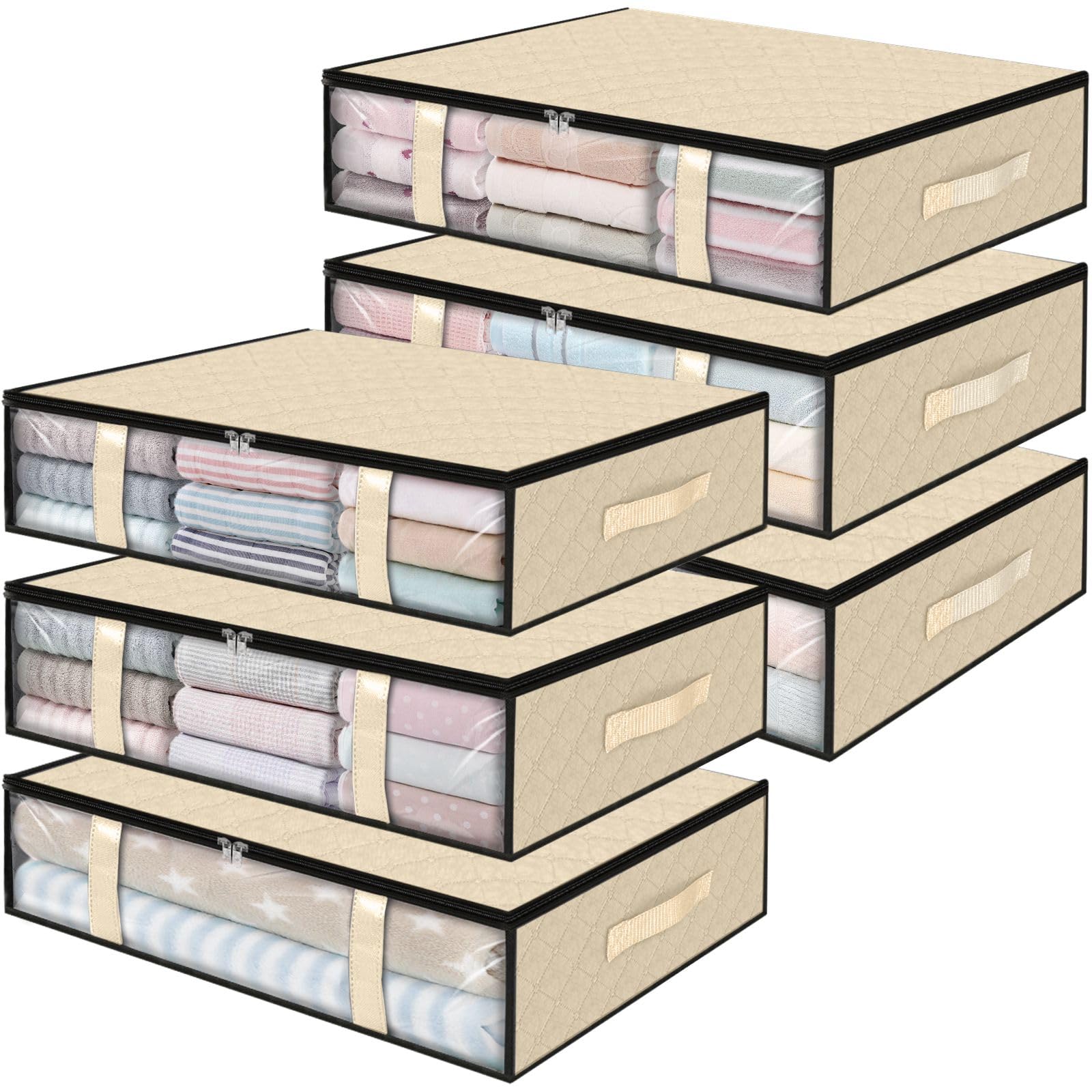 StorageRight Under Bed Storage Bags 6 Pack, 40L Large Clothes & Comforter Storage Containers with Clear Window, Breathable Fabric Organizer for Blankets, Bedding, Seasonal Clothing, Beige