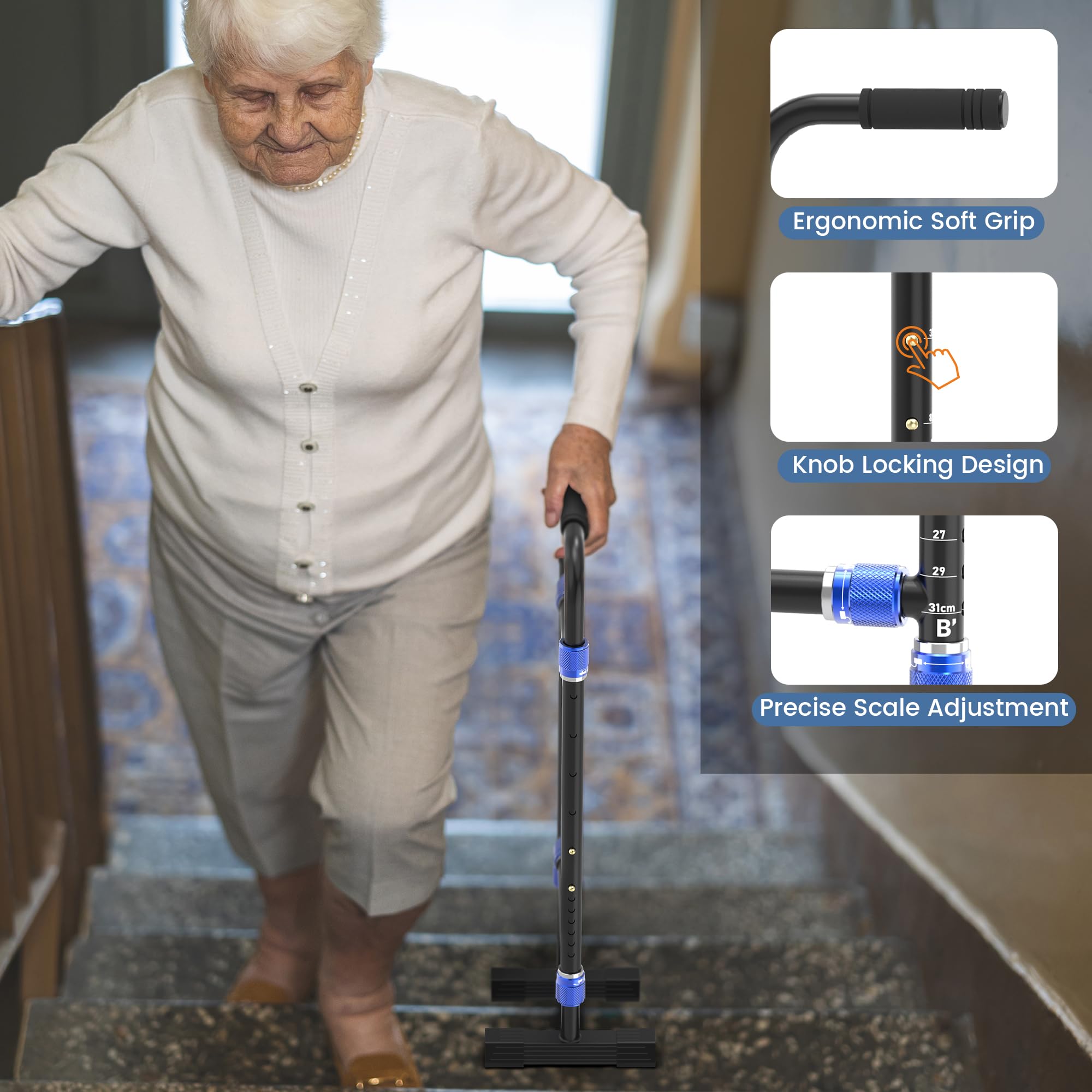 Height & Width Adjustable Stair Assist Cane for Seniors, Customizable to fit Most Indoor/Outdoor Steps, Wide Anti-Slip Base, Professional Stair Climbing Assist Cane for Sore Knees & Post-Surgery