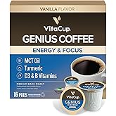 VitaCup Genius Vanilla Keto Coffee Pods w/MCT Oil, Turmeric, B Vitamins, & D3 for Energy & Focus in Recyclable Single Serve Pod Compatible with K-Cup Brewers Including Keurig 2.0, 16 CT