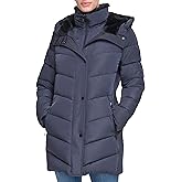 Calvin Klein Women's Long Quilted Jacket With Faux Sherpa Lined Hood and Inset Bib