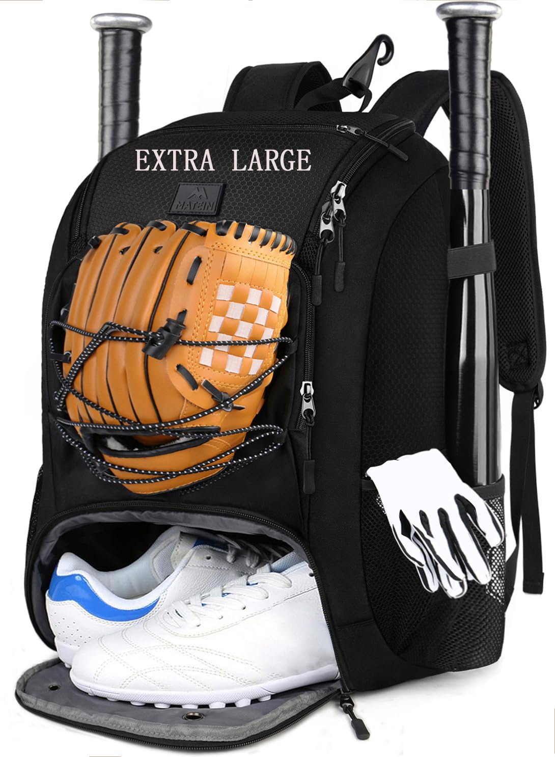 Photo 1 of MATEIN Baseball Bag, Large Softball Bag with Shoe Compartment, Bat Bags for Men and Adult, Baseball Backpack with Fence Hook Hold TBall Bat, Batting Mitten, Helmet, Teeball Gear, Black