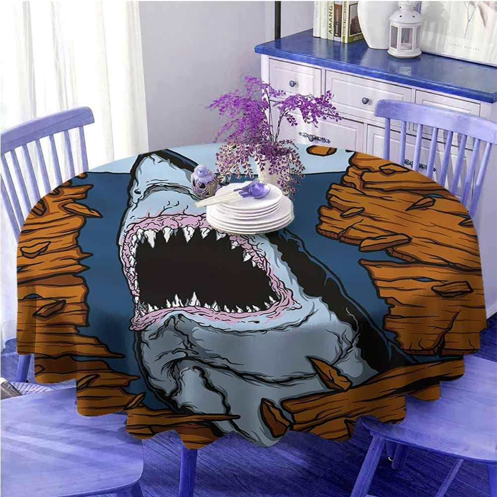 UETECH Modern Round Tablecloth Shark Wild Fish Breaking Wooden Plank Danger Sign Killer Creature Fun Illustration Ginger Dark Blue Diameter 70"